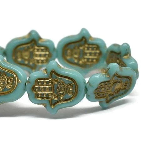 New Design! Czech Glass Hamsa Hand Beads, Opaque Turquoise w/Gold Wash (Qty: 4)