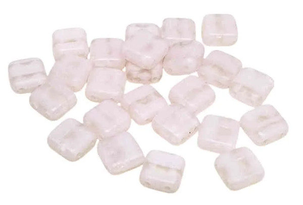 Two-Hole Tile Beads, Matte Givre' Crystal & Pale Pink Silk, 6mm (25 Pcs)