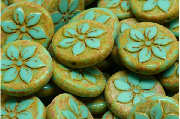 Table-Cut Hawaiian Flower Coin Beads, 18mm, Green Turquoise w/Travertine (Qty: 4)