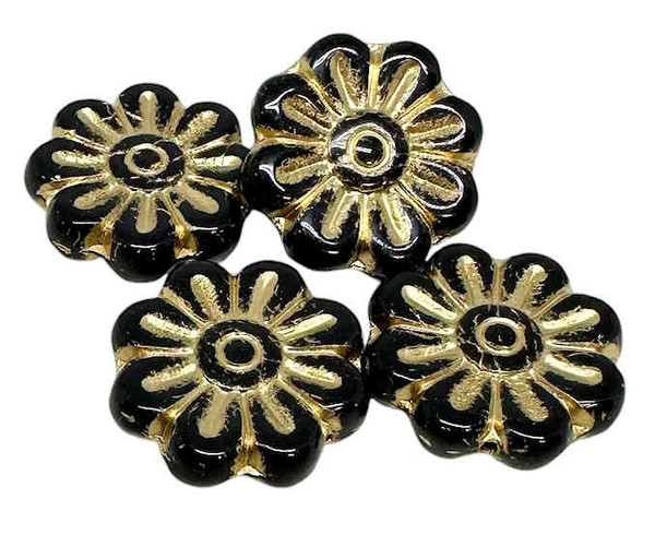 Gerber Daisy Flower, 18mm, Jet w/Gold Wash (Qty: 4)