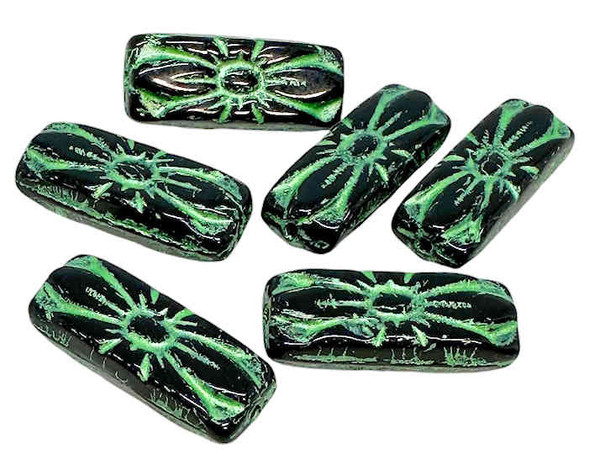 Flower Rectangle Beads, Jet w/Mint Green Wash, 20x8mm (Qty: 6)