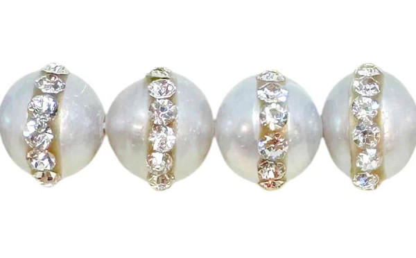 White Freshwater Pearls w/Crystal Bands, 12mm (Qty: 4)