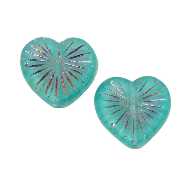 Czech Glass Abundant Heart Beads, Sky Blue w/Volcano Wash, 22mm (Qty: 2)
