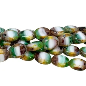 Czech Glass Givre' Table-Cut Ovals, Green/White/Amethyst w/Travertine, 11.5x9mm (Qty: 17)