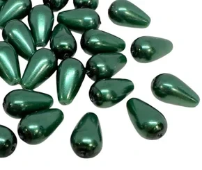Czech Glass Pearl Teardrop/Pear Beads, 10x6mm, Forest Green (Qty: 24)
