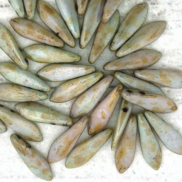 2-Hole Czech Glass Dagger Beads, Opaque Ultra Luster Green (Qty: 25) Overstock