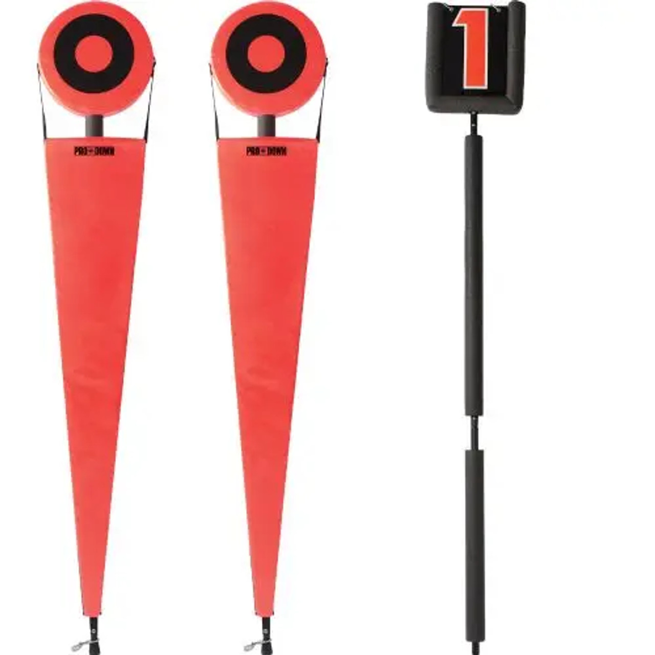 Pro-Down football sideline package featuring 8-foot solid orange chain markers and a manual flip down indicator with safety padding.