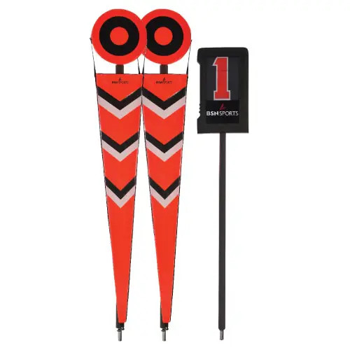 BSN SPORTS football sideline package featuring 8-foot chevron-pattern chain markers and a pro-style down box with 12.5-inch numbers.