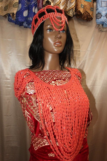 Coral bead crown and cape, traditional wedding accessories, bridal accessories, African fashion