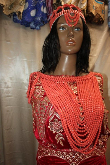 Coral bead crown and cape, traditional wedding accessories, bridal accessories, African fashion
