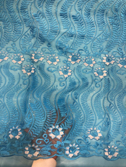 Sky Blue Floral Lace Fabric Embroidery with Sequins on a Mesh Lace Fabric by the yard.
