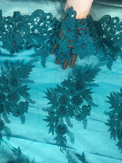 Sky Blue Floral Lace be fabric, Embroidery with Sequins on a Mesh Lace Fabric by the yard.