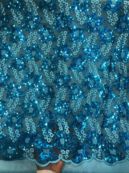 Floral Lace Fabric Embroidery with Sequins on a Mesh Lace Fabric by the yard.