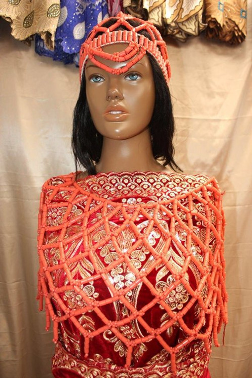 Coral bead crown and cape, traditional wedding accessories, bridal accessories, African fashion