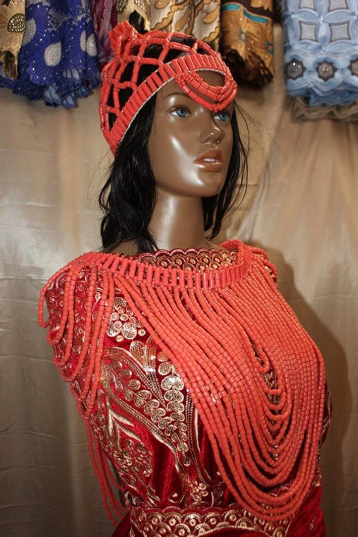 Coral bead crown and cape, traditional wedding accessories, bridal accessories, African fashion