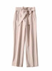 White Pintuck Blouse & Beige Self-Tie High-Waisted Trousers Set