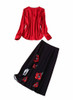 Red Pintuck Blouse & Black Poppy-Print A-line Skirt Co-ord Set