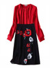 Red Pintuck Blouse & Black Poppy-Print A-line Skirt Co-ord Set