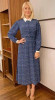 Dark Blue Geo Printed Belted Flared Midi Dress with a White Collar