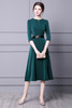 Dark Green Button Details Midi Slit Dress with 3/4 Sleeve