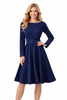 Dark Blue Round Neck Belted Fit and Flare A-line Dress