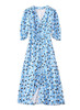 Sky-Blue Polka Dot Midi Dress with V-Neckline and Side Slit