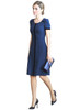 Blue Short-Sleeve A-line Dress with Velvet Trim in Crepe Fabric
