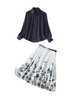 Deep Blue Satin Blouse & Floral Print High Waist Skirt Set
