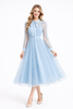 Dust Blue Pussy Bow Embroidered Tulle Dress