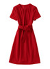 Bold Red Belted Sheath Dress with Pleated Neckline and Short Sleeves