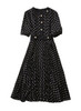 Polka Dot Pleated Dress with Cinched Waist and Gold Buttons