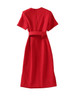 Red Padded Shoulder Sheath Dress with Pleated Neckline and Slit