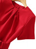 Red Padded Shoulder Sheath Dress with Pleated Neckline and Slit