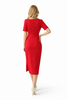 Red Padded Shoulder Sheath Dress with Pleated Neckline and Slit