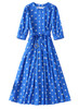 Vintage Dark Blue Polka Dot Pleated Midi Dress with Belted Waist