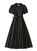 Audrey Hepburn Inspired Black Lapel Collar Embossed Pattern Swing Dress