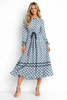 Blue Diamond Geo Print Maxi Shirt Dress with Drawstring Waist