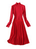 Red Turtle Neck Knit Top and High-Waist Pleated Midi Skirt Set