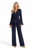 Navy Ruffled Peplum Wrap Jacket & High Waist Wide-leg Pants