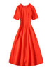 Coral Red Round Neck Short Sleeve Fit-and-Flared Midi Dress