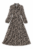 Floral Print Pussy-Bow A-line Shirt Dress in Brown and Black