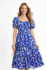 Blue Square Neck Shirred Midi Dress with Short Puff Sleeves