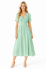 V-Neck Pleated Chiffon Fit-and-Flare Midi Dress in Mint Green
