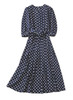 Vintage Navy Polka Dot Pleated Midi Dress with Belted Waist