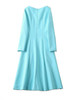 Sky Blue Boat Neck Coat Dress with Fit-and-Flare Silhouette