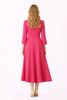 Fuchsia Fit-and-Flare Midi Dress with 3/4 Sleeves