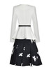 White Belted Fitted Jacket and Black A-line Floral Skirt Suit