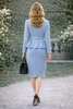 Pale Blue Belted Peplum Jacket and Pencil Skirt Suit
