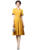 Yellow Pleated Midi Dress with Cinched Belt and Puffy Sleeves