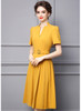 Yellow Pleated Midi Dress with Cinched Belt and Puffy Sleeves